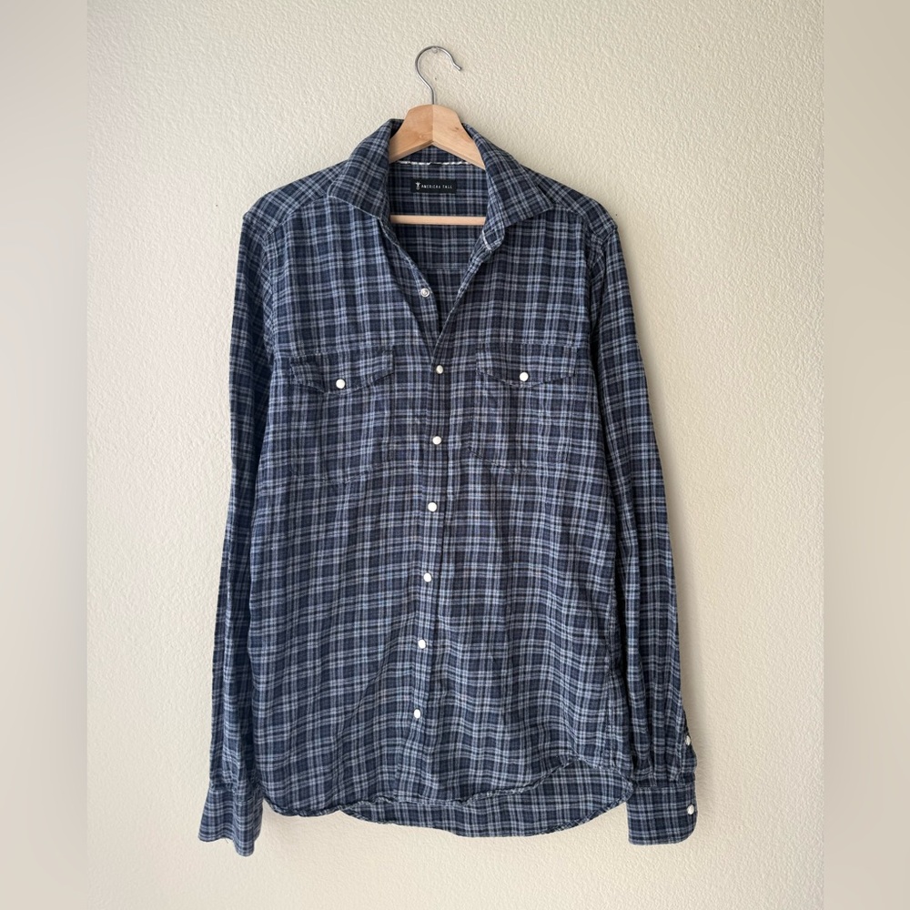 American Tall Plaid Flannel Shirt M Tall Gray Blue Button Down 100% Cotton
